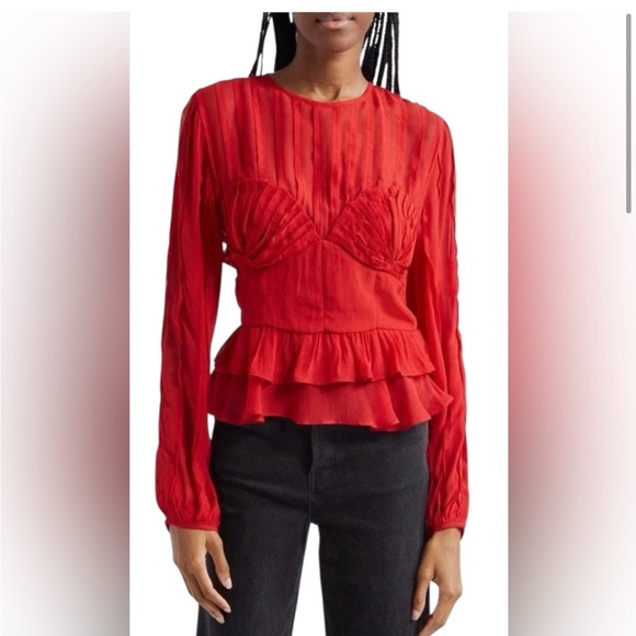FARM Rio Tops - Farm Rio Red Pleated Long Sleeve Peplum Bustier Top